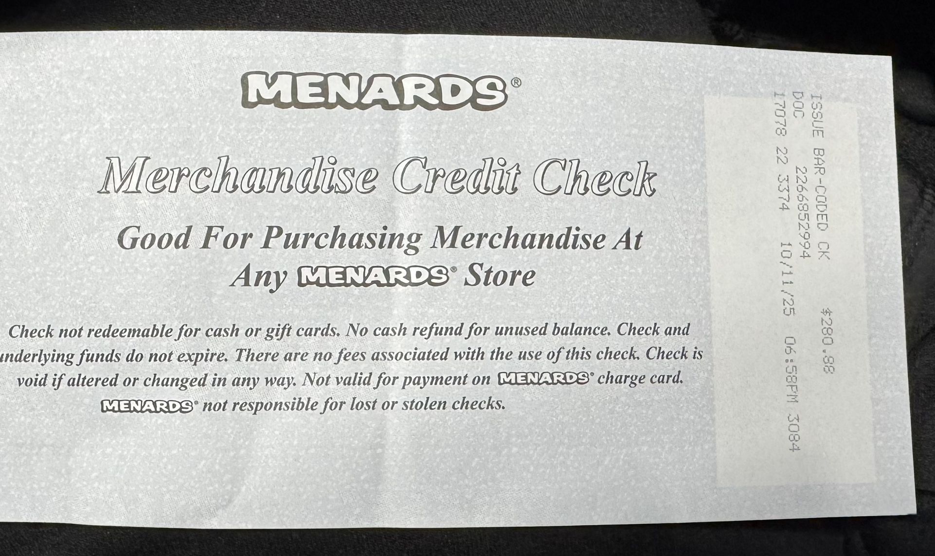 Menards $280 In Store Credit