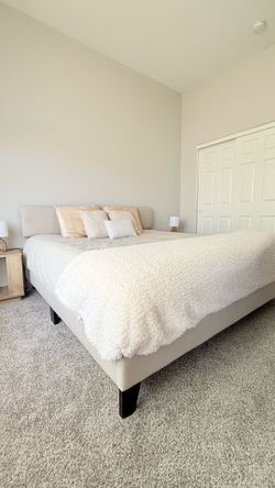 King size bed frame, end tables & lamps