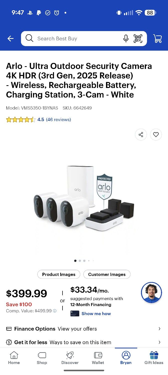 Arlo - Ultra Outdoor Security Camera 4K HDR (3rd Gen, 2025 Release) - Wireless, Rechargeable Battery, Charging Station, 3-Cam - White