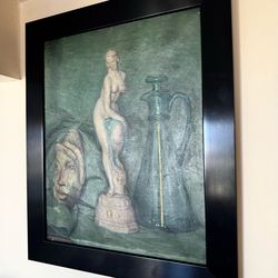 PORCELAIN STATUE WITH AFRICAN MASK AND GREEN GLASS PAINTING