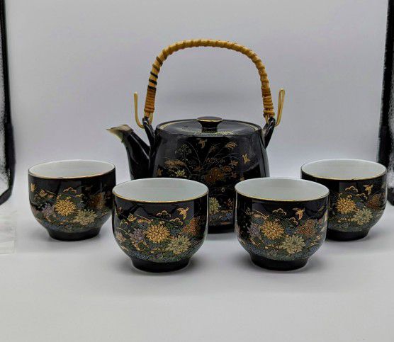 VTG 60s Kutani Teapot And 4 Cup Sake Set Gold Trim Marked