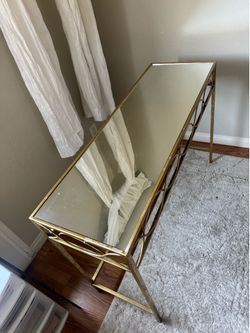 Antique-Style Gold Metal Console Table with Glass Top