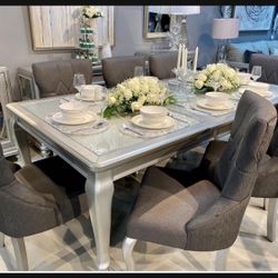 Rectangular Extension Glass Table And 4 Upholstered Chairs Set💫 Brand New💥 Metallic Silver 5 Piece Dining Room Set By Ashley Signature 💥 