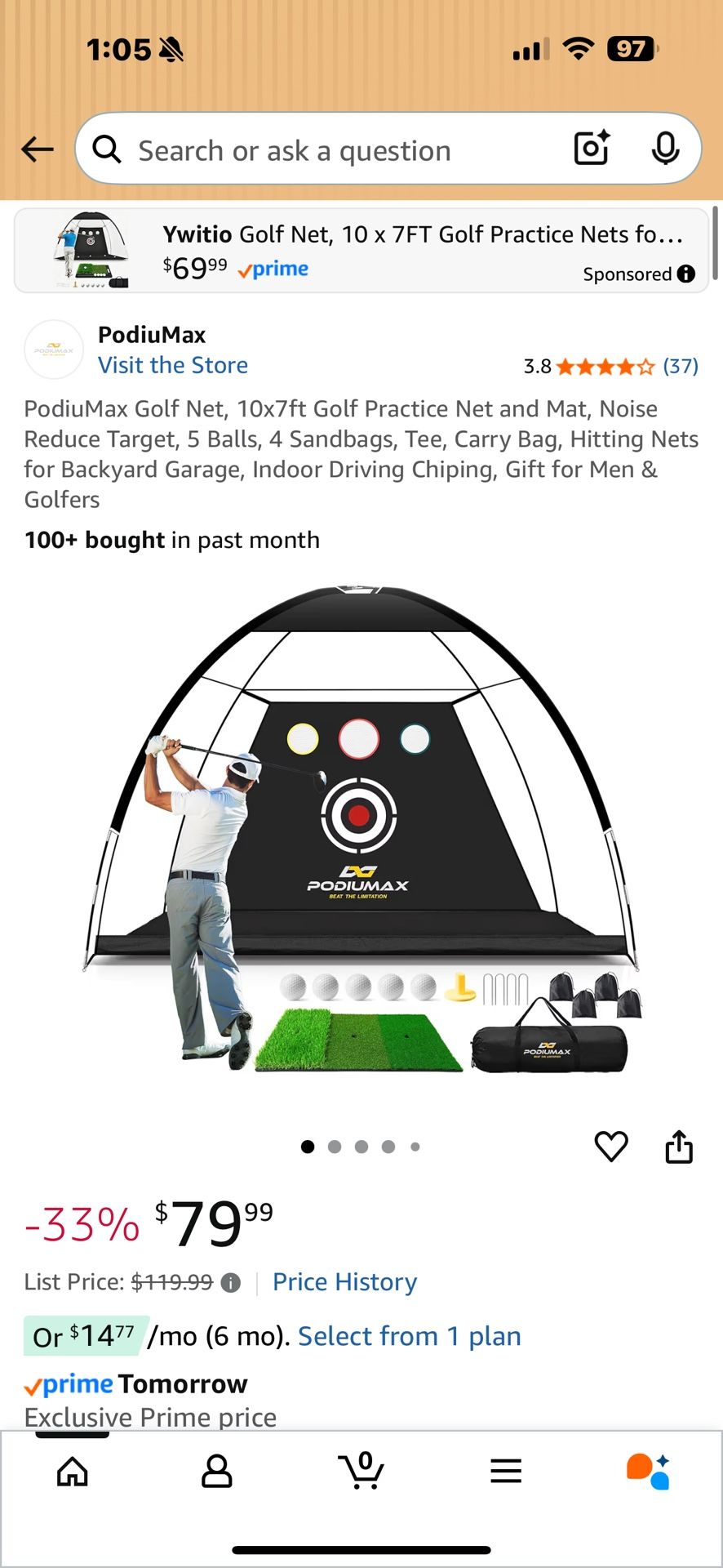 PodiuMax Golf Net, 10x7ft Golf Practice Net and Mat, Noise Reduce Target, 5 Balls, 4 Sandbags, Tee, Carry Bag, Hitting Nets for Backyard Garage, Indoo