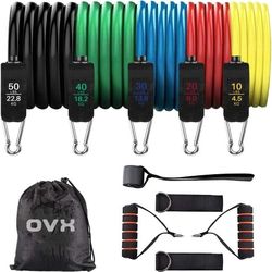OVX Premium Resistance Bands Set (Pro 150-LB) 5 Stackable Workout Bands Natural Latex Cable Fitness Bands with Handles, Door Anchor, and Ankle Straps 