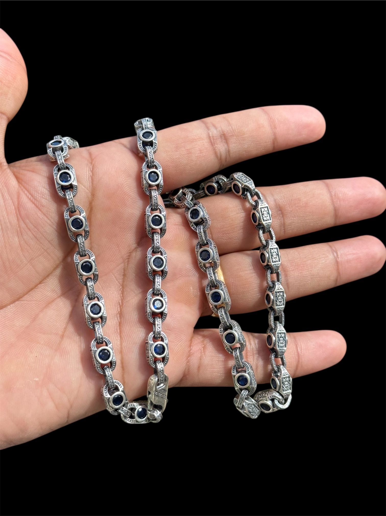 925 Sterling Silver Chain | Blue Zirconia Stones | 22” Long, 83g Solid