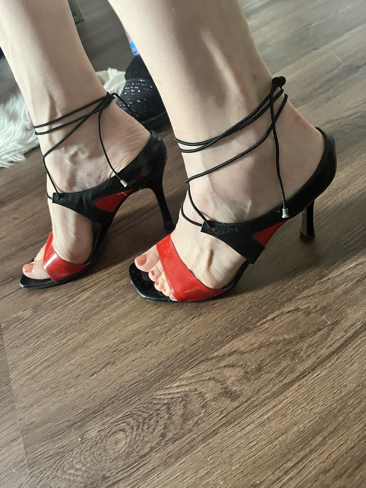 Chanel Red & Black Vintage Heels Sandals Mules 6 6.5 36.5 7