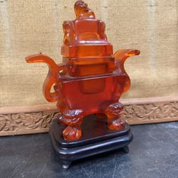 Early 20th Century Chinese Red Resin Censor With Wooden Stand Republic Period