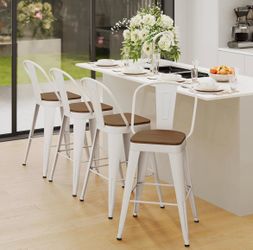 Metal Bar Stools Set of 4, 24" Counter Height with Backs - Off White color