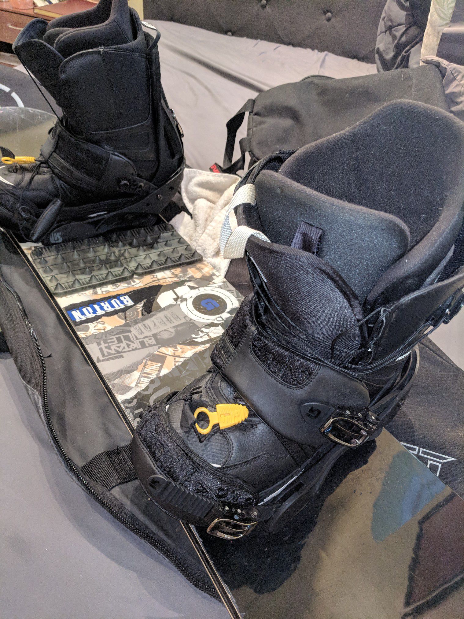Burton: snowboard, boots, bindings, Dakine Bags.