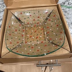 Pampered Chef Holiday Dots Square Glass Serving Bowl #3010