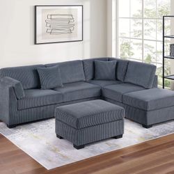 GREY CORDUROY SECTIONAL SOFA WITH OTTOMAN 