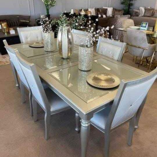 Celandine Silver Extendable Dining Room Set Dining Table and 6 Chairs WİTH İNTEREST FREE PAYMENT OPTİONS 