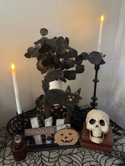 "Wooden black cat beware sign with pumpkin"