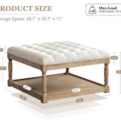 33-inch Large Square Ottoman Coffee Tables for Living Room, Tufted Upholstered Linen Ottoman with Storage Shelf and Solid Legs for Office Bedroom Farm