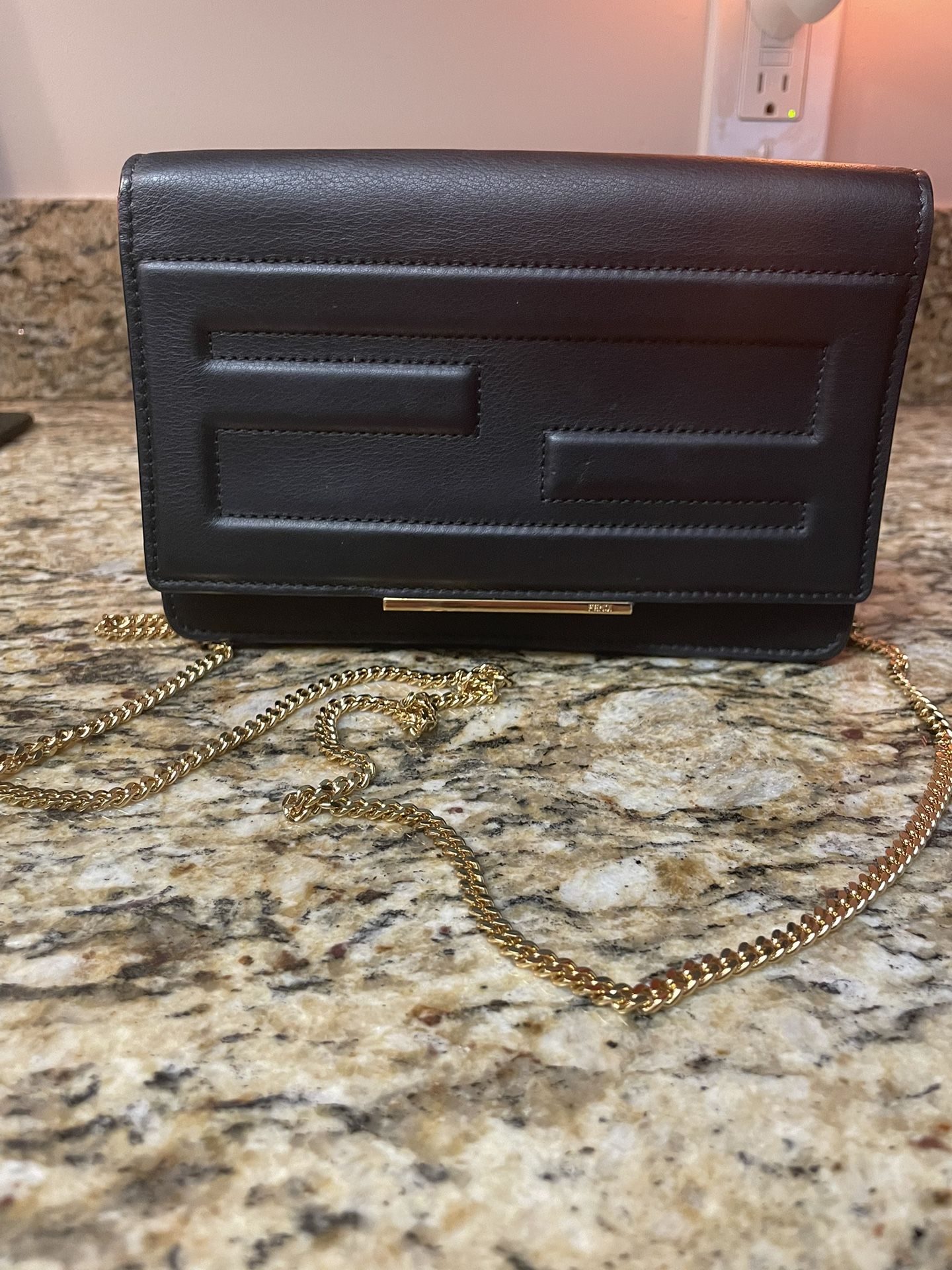Fendi Black Leather Tube Wallet With Chain
