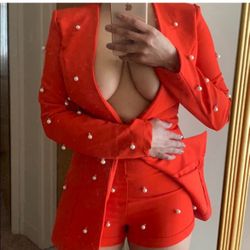 Red Short Suit Set With Pearls 