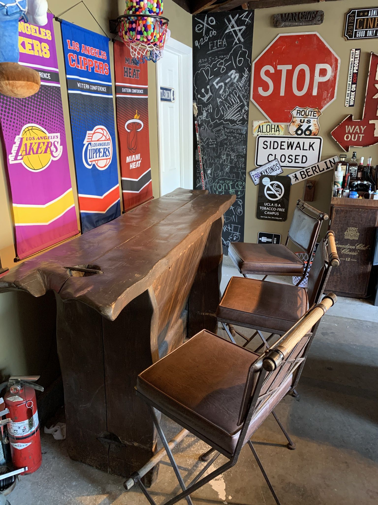 Solid Wood Slab Bar With Three Leather Bar Stools Vintage Retro 