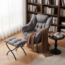 LAZY BUDDY Lazy Chair with Ottoman, Modern Accent Chair with Armrests & Side Pocket, Leisure Single Sofa Armchair, Reading Lounge Chair with Footrest
