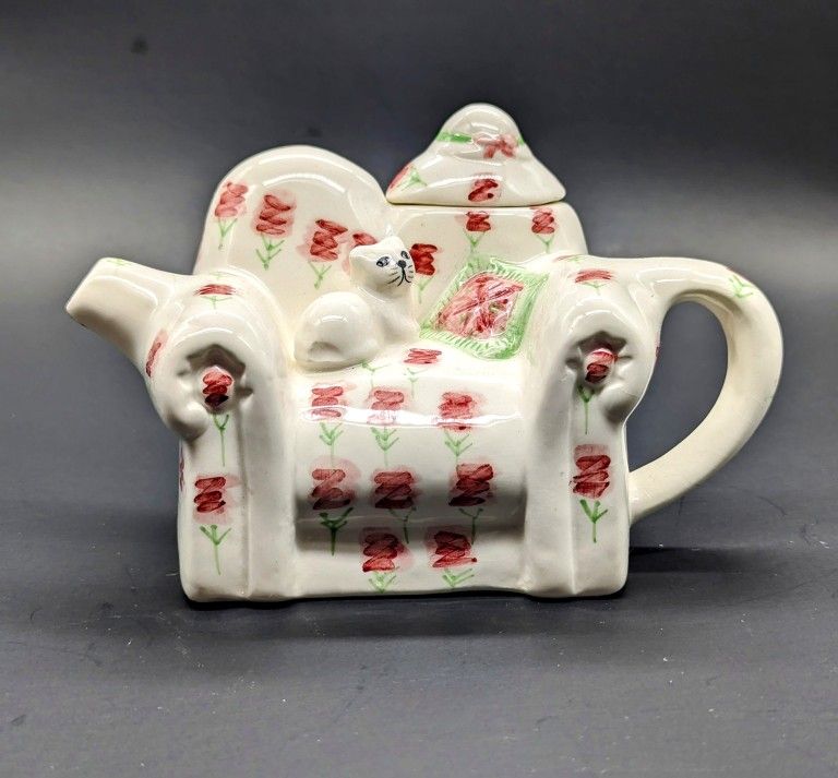 On HOLD For Joe. ..Vintage Ceramic Tea-Nee Cat Teapot on Sofa Mini Teapot Cardinal Inc. 1995.