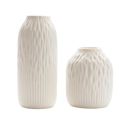White Ceramic Vase Set of 2, Modern Ribbed Vase for Pampas Grass, Flowers Vases Home Decor in Nordic Style, Pampas Grass Vases for Centerpieces Table 