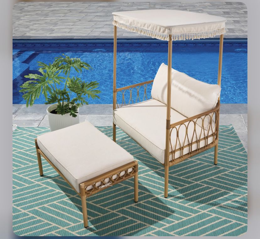 Better Homes & Gardens Willow Sage 2 Piece All-Weather Wicker Outdoor Canopy Chair and Ottoman Set, Beige Brown - 31.69in. D x 40.94in. W x 58.66in. H