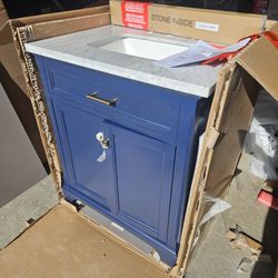 Brand New Bathroom Vanity With Natural Carrara Marble Top, Sink, And Backsplash Set.