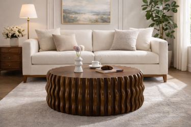 38” Mid-Century Drum Fluted Design Round Coffee Table [NEW]  **Retails for $600 (No Assembly Required) 