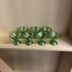 7 Green Carnival Glass Candle Holders 