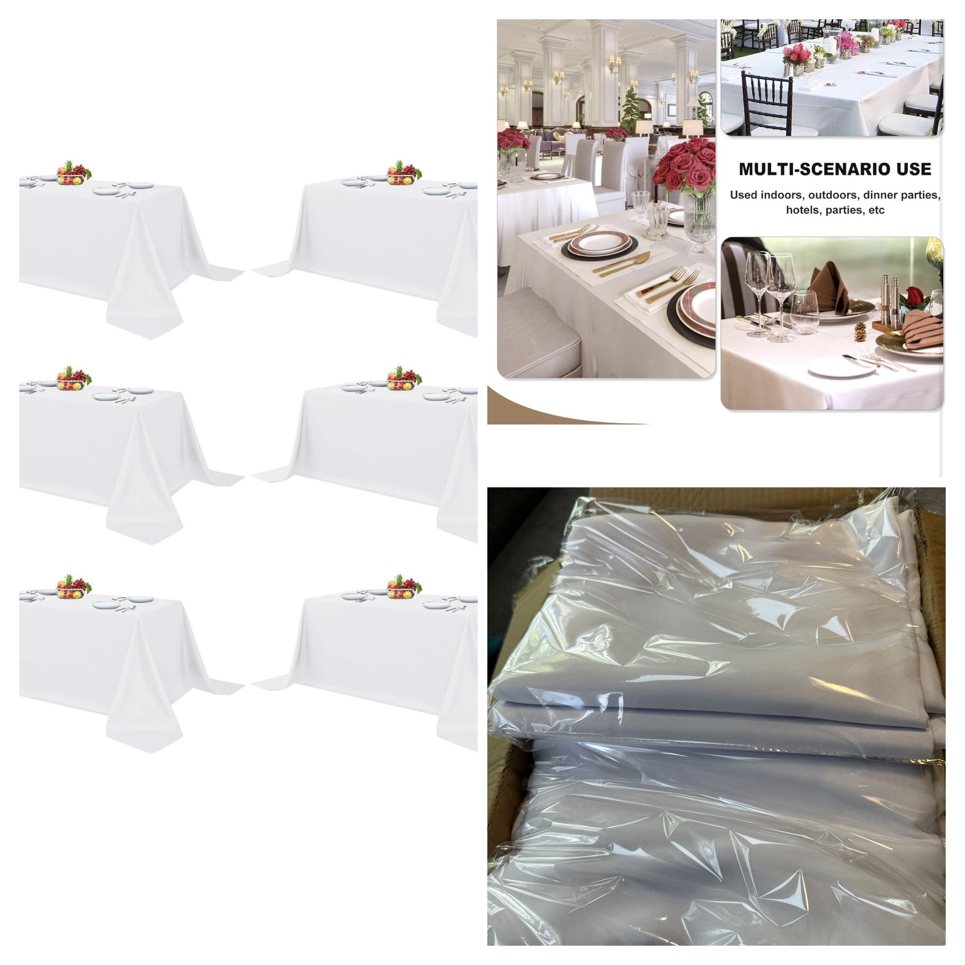 White Table Clothes for Rectangle Tables, 6 Pack - 90 x 132 Inch - Reusable and Elegant Tablecloths, Polyester Fabric Table Covers for Wedding, Party,