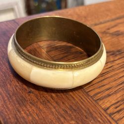 Vintage Brass Cuff Bracelet  With Light Colored Stone 