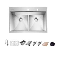 Glacier Bay
Zero Radius 33 in. Drop-In 50/50 Double Bowl 18 Gauge Stainless Steel Workstation Kitchen Sink with Spring Neck Faucet