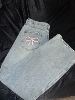 Light Wash Jeans with Pink Bow Embroidery