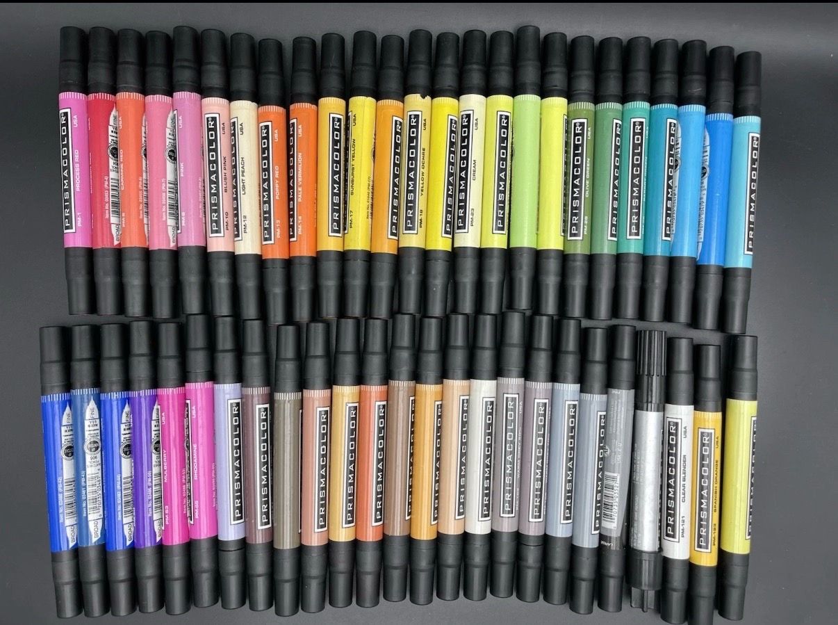 Lot Of 69 Prismacolor Markers Double Tip Fine/Broad 1 Metallic Silver, 1 Blender