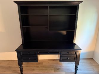 Black Wood Executive Desk + Hutch/Armoire Set — Classic Traditional Style