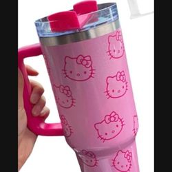 New In Box Kitty Stainless Steel Pink Glittering 40 Oz Tumbler With Straw