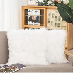  Set of 2 Decorative Faux Fur Throw Pillow Covers, White Fluffy Soft Fuzzy Square Cushion Cover Pillow Case for Sofa, Couch, Chair, Bed, Cafe, 18 x 18
