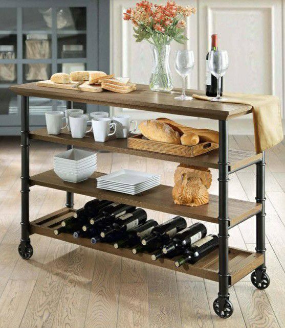 Whalen Santa Fe Industrial Style Kitchen Cart with large open shelves and an optional wine rack