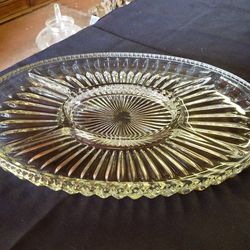 Large Oval Heavy Cut Crystal 5 sectioned serving platter with ribbed spoke design 13 X 9 inches A72V441