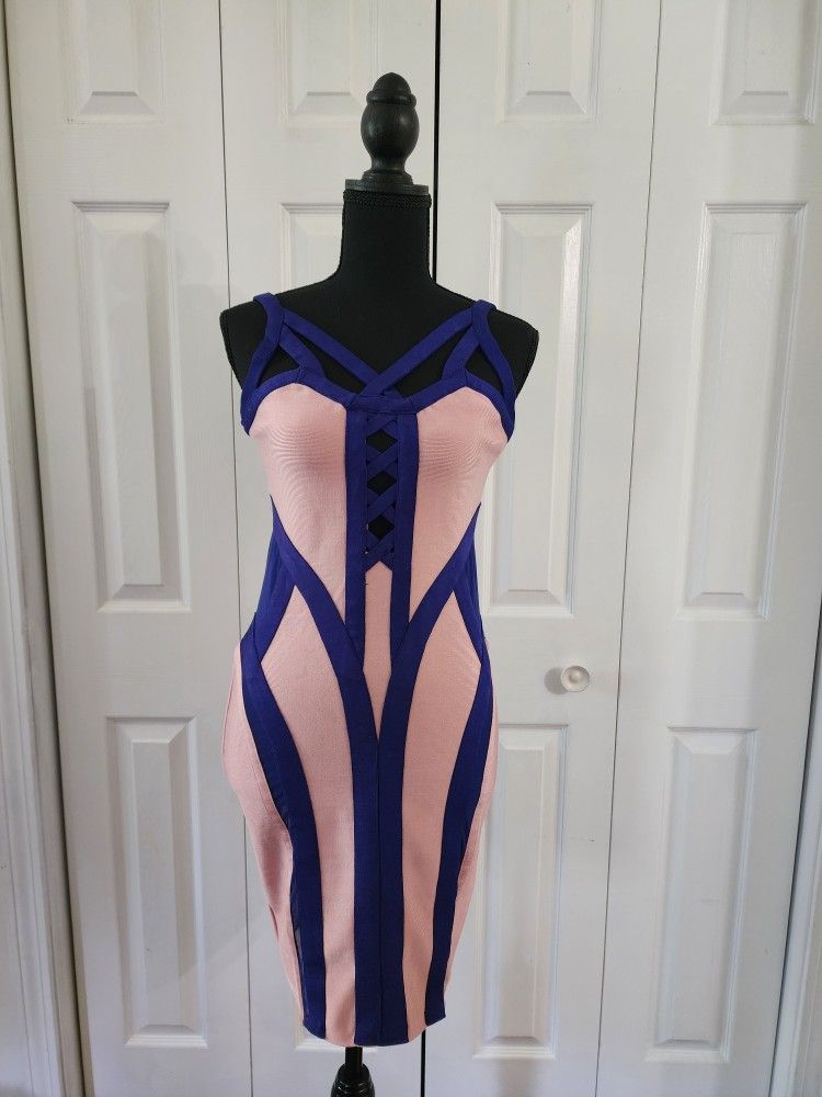Two-Toned Pink and Blue Bandage Dress - Women's Size Large