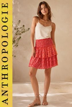 By Anthropologie Red Floral Smocked Tiered Ruffle Mini Skirt Sz Medium