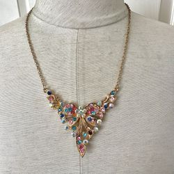 Betsey Johnson Rainbow Rhinestone Butterfly Necklace 