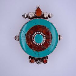925 Sterling Silver Vintage Turquoise Round Pendant 