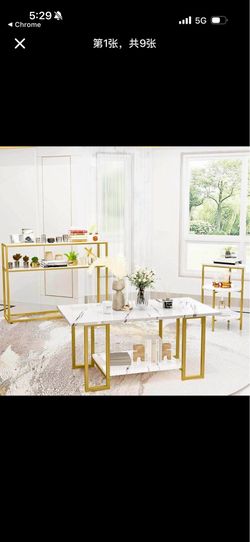 3 Pieces Modern Coffee Set, with End Table and Console Table, Contemporary Faux Marble Living Roo
