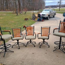 Set of 5 Wooden and Fabric Swivel Chairs
