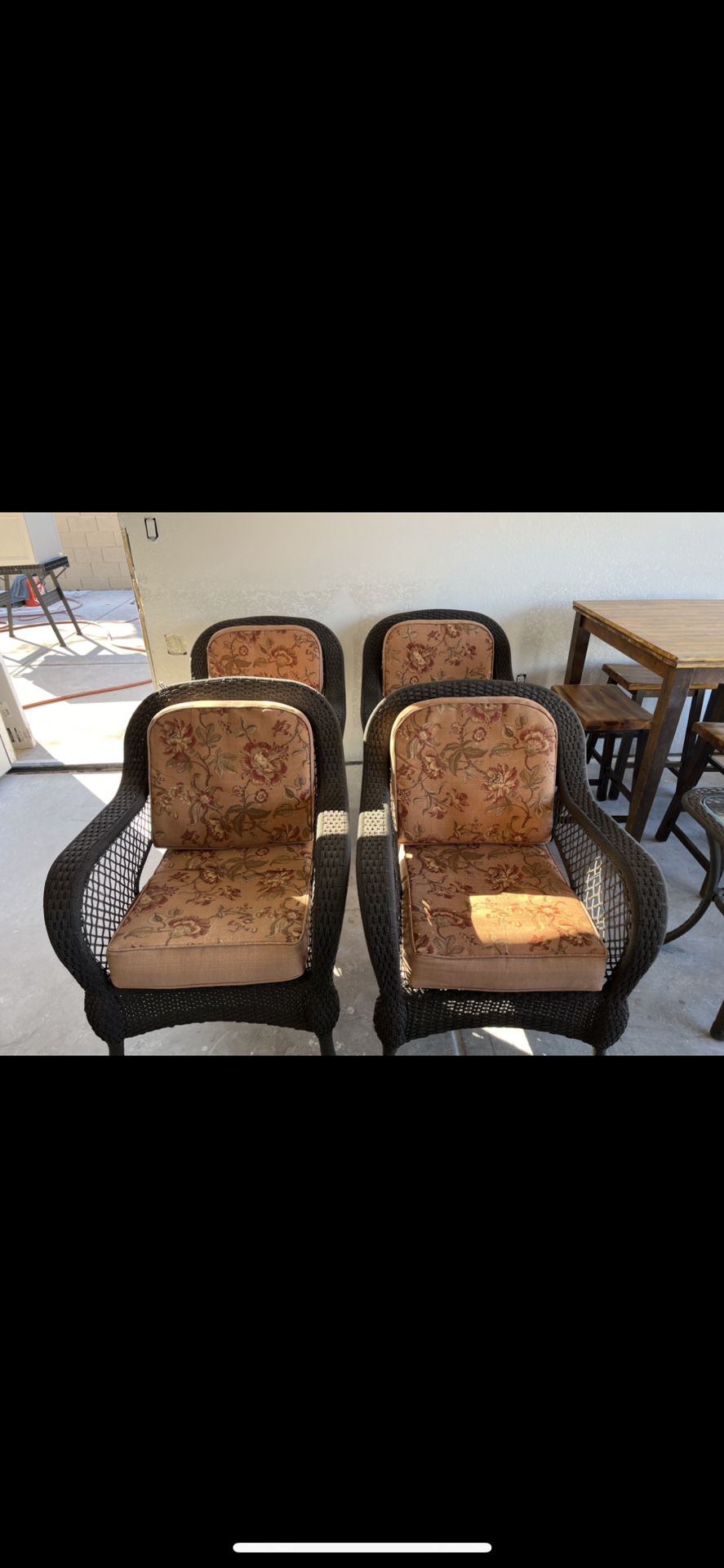 Outdoor Patio Wicker furniture set. 4 chairs and 2 glass tables.
