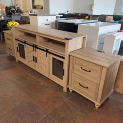 🔥(Set of 3) Natural Oak 2 Drawer Sideboards, Table Nightstand Set with Built-in Outlets, TV Stand Farmhouse Entertainment Center for TVs up to 65 Inc