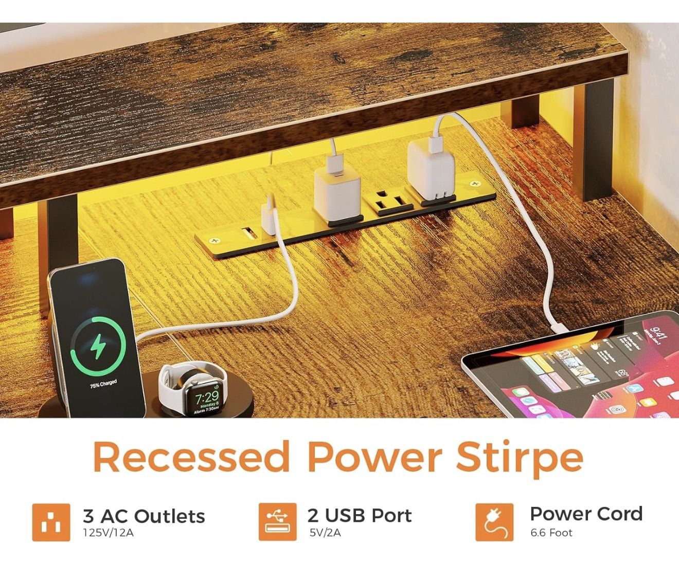 L Shaped Computer Desk With Led And Power Strip