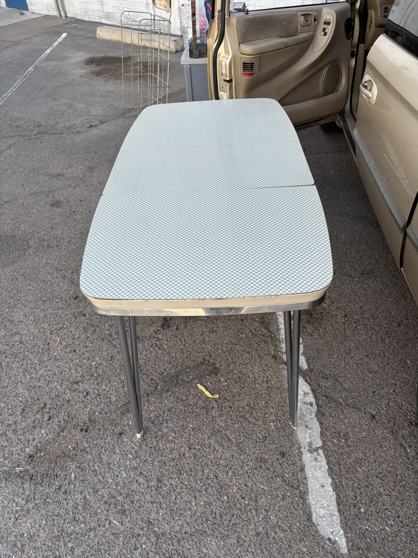 1950s Formica Table Gingham Pattern Chrome Trim & Legs