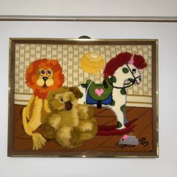 Framed Sunset Needlepoint Childhood Friends Teddy Bear Rocking Horse Lion Mouse New